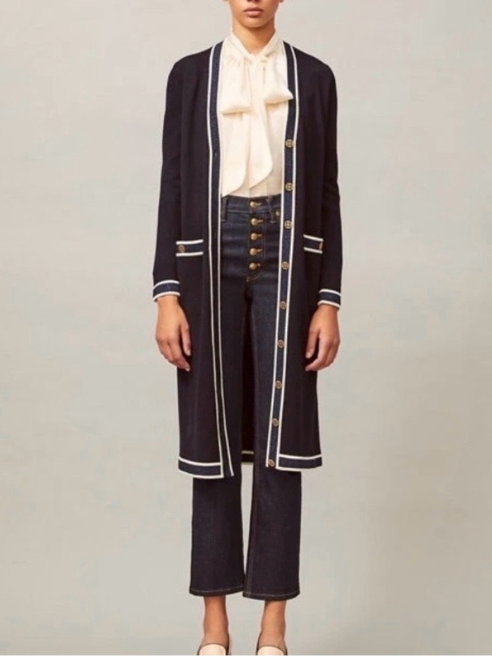 Tory Burch Navy Long Cardigan with White Trim